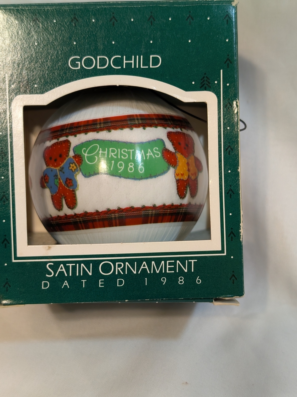 Vintage 1986 Satin Christmas  Godchild Ornament With Teddy Bears